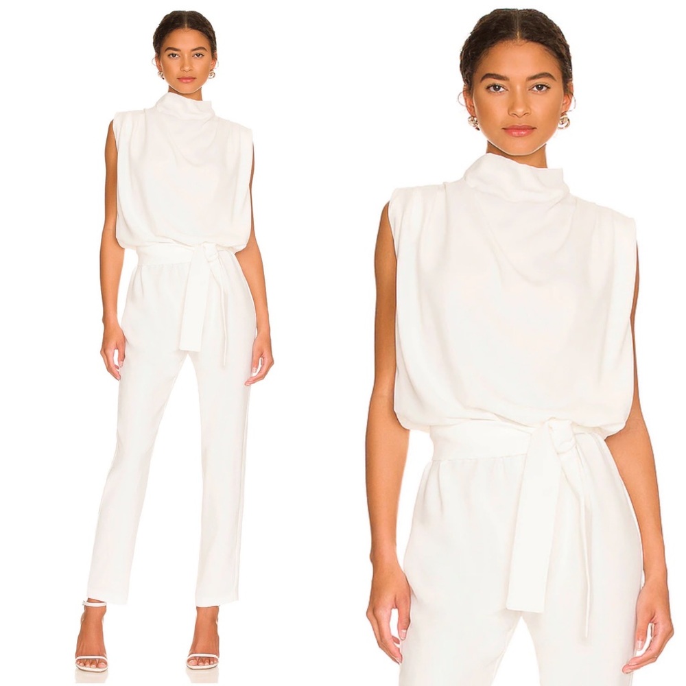 Amanda Uprichard x REVOLVE Fabienne Jumpsuit M Ivory Belted Bridal Straight Leg